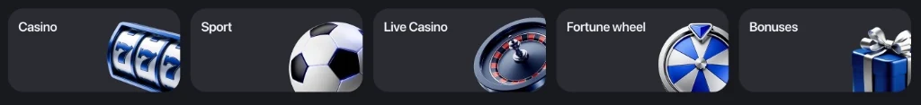 Secciones de la plataforma: casino, deporte, casino en vivo, rueda y bonos